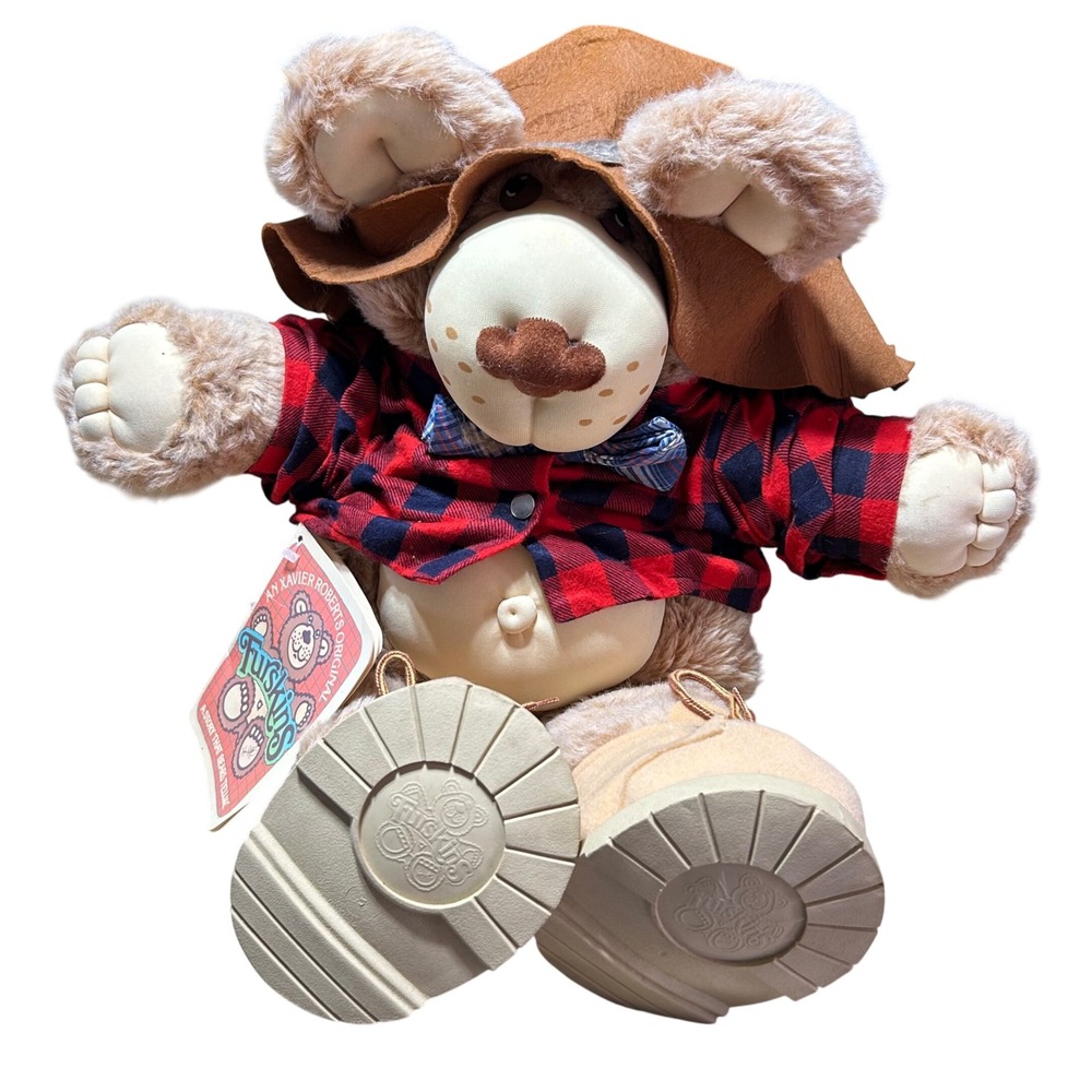 Vintage 1983 Furskins Bear Plush Farrell Brown Red Buffalo Plaid Lumberjack 12"